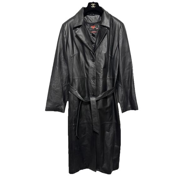 Verducci Leather Coat Womens Medium Black Long Belted Trench Frostbite Insulated - Picture 1 of 14